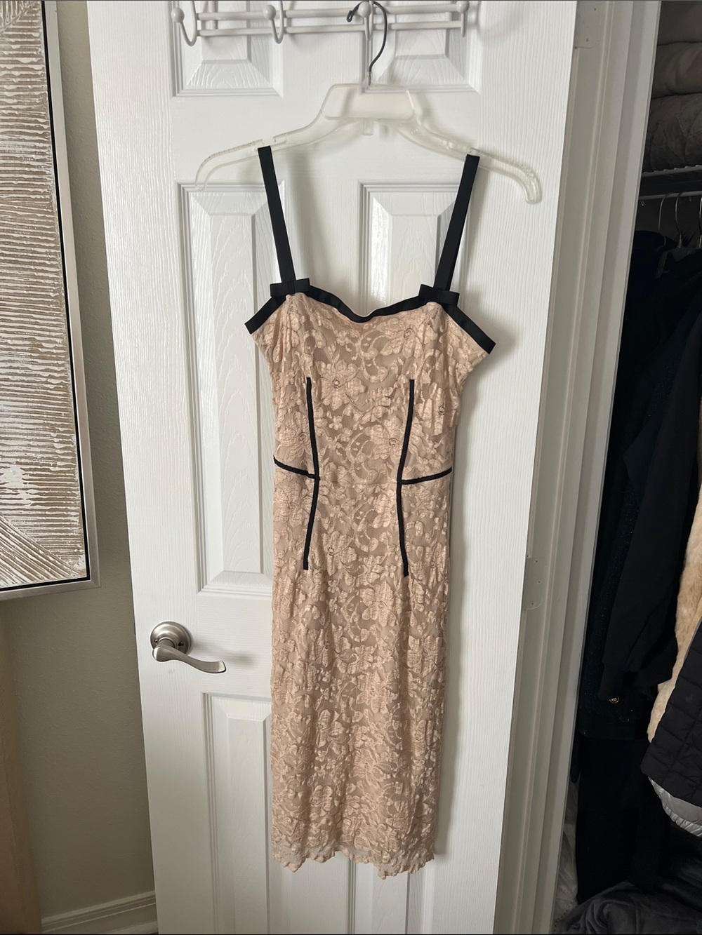 Women's Lace Slip Dress with Contrast Trim - Beige